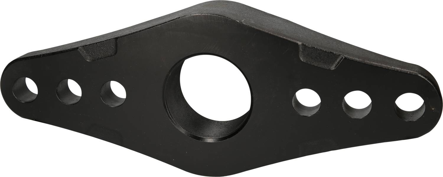 Black metal piece with five holes of varying sizes, a central large hole, symmetrically designed, used in industrial applications.