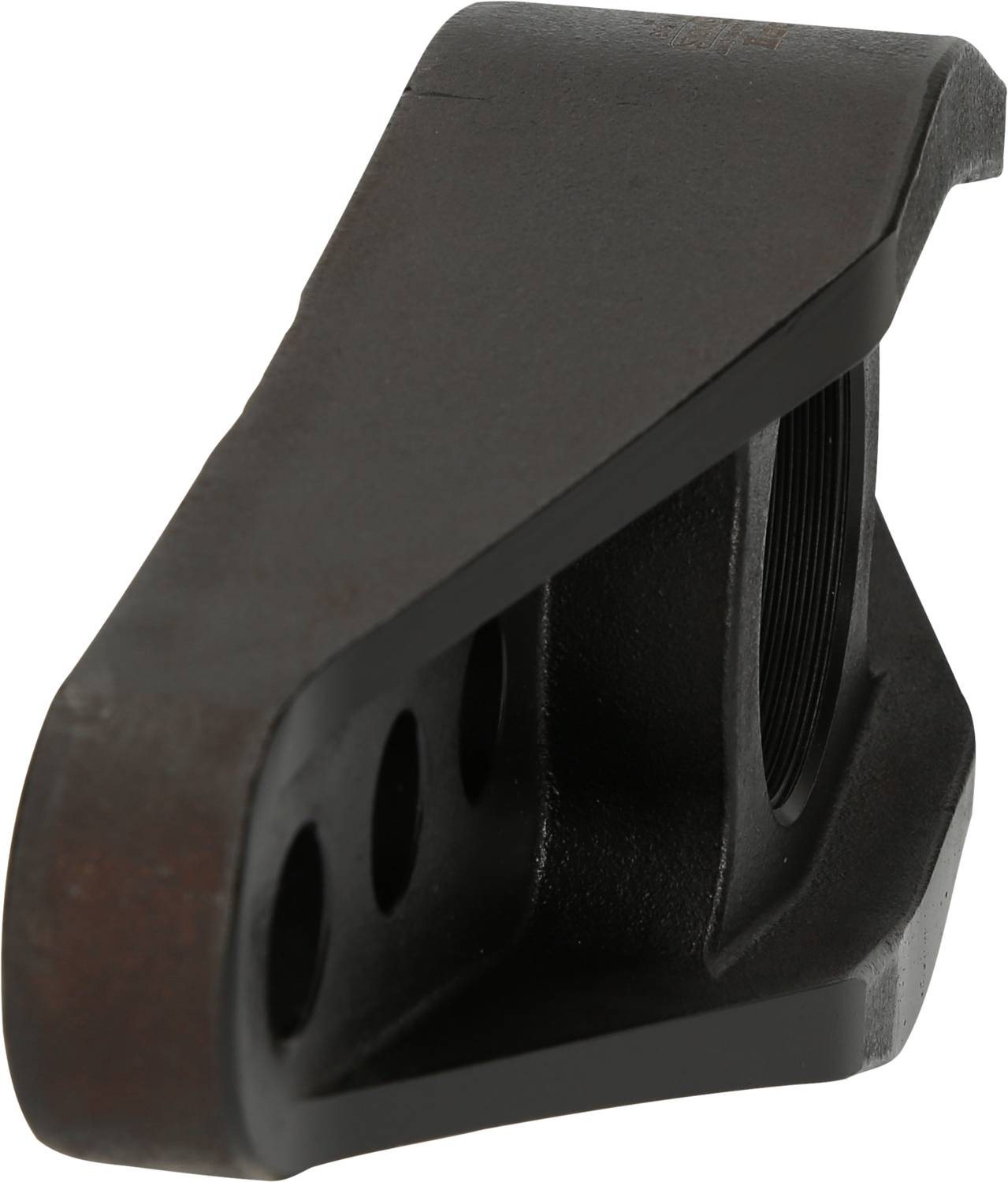 A dark brown, metallic component with three holes, likely a mounting or connecting element, viewed from the side.