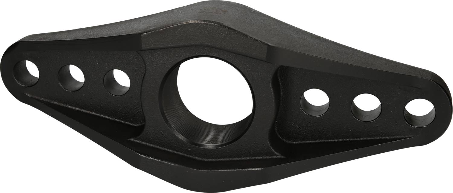 A black metal component with a central hole, surrounded by several smaller holes on each side. It is symmetrically shaped.