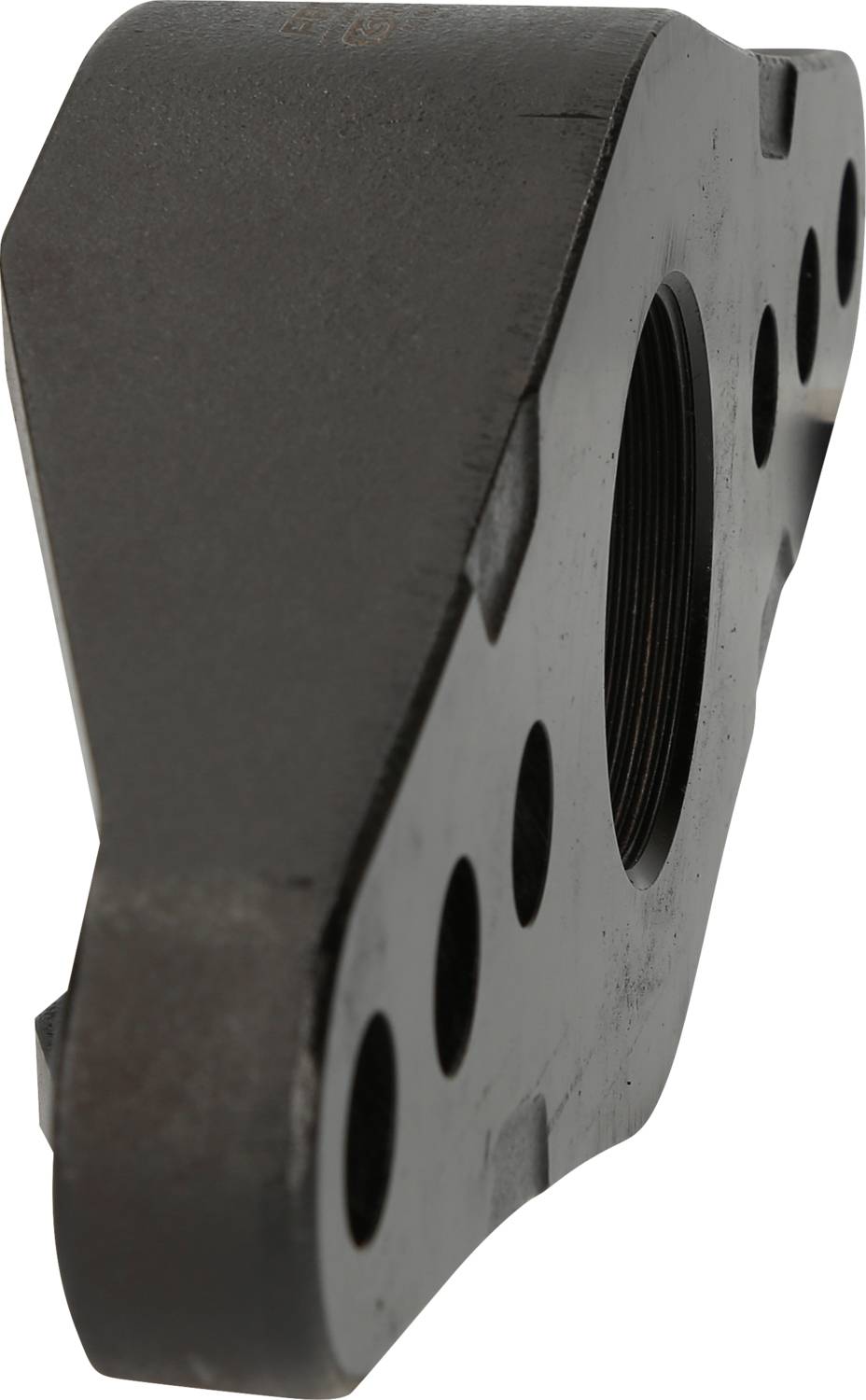 Metal component with multiple holes and threading, potentially part of a machine or industrial equipment.