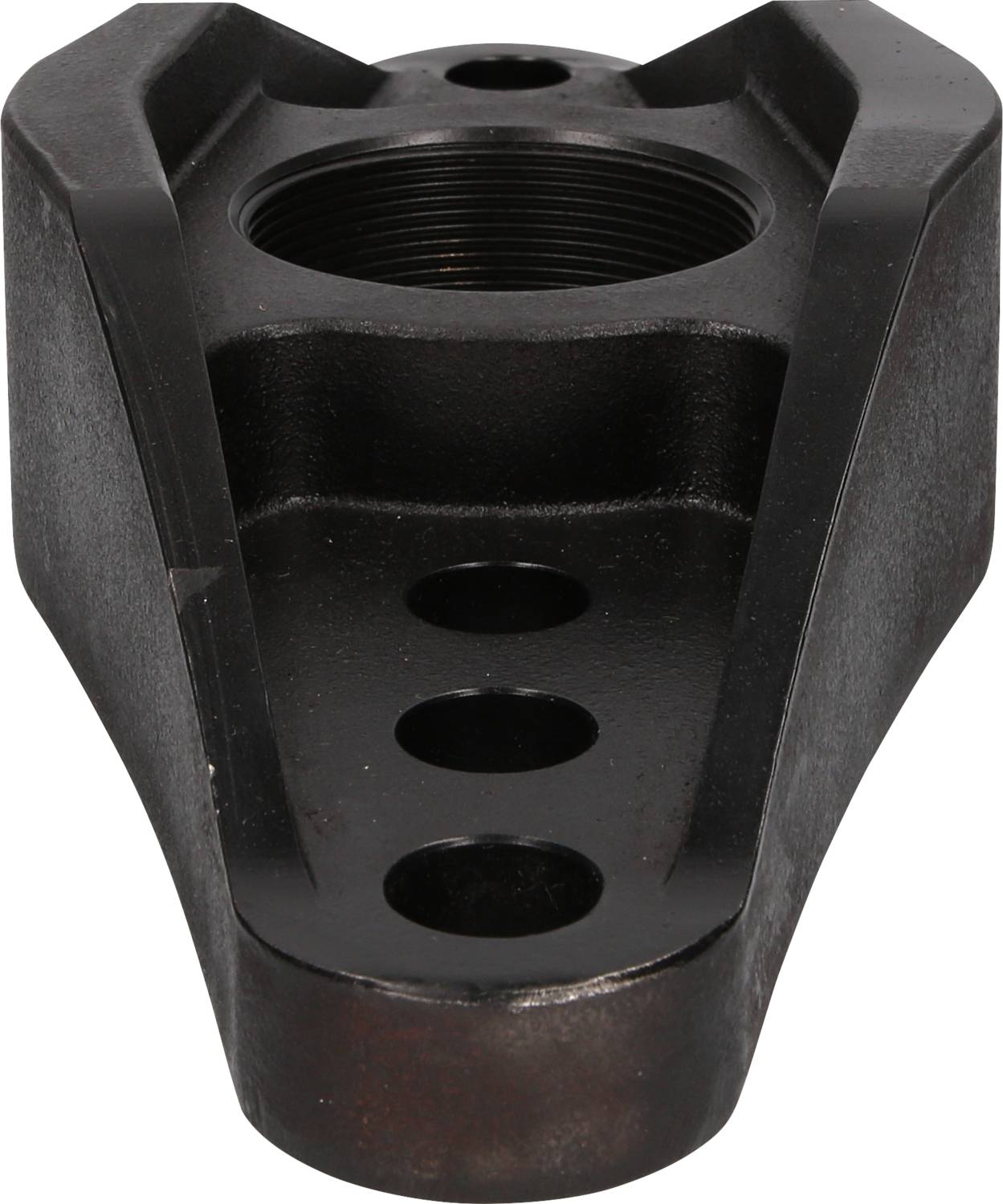 A black, metallic machine component with three round holes and a central screw aperture, likely a connecting element.