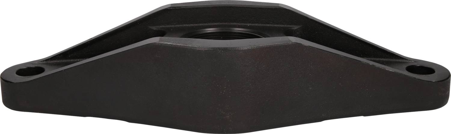 Black metal casing with symmetrical design, two mounting holes and central aperture, likely a machine component.