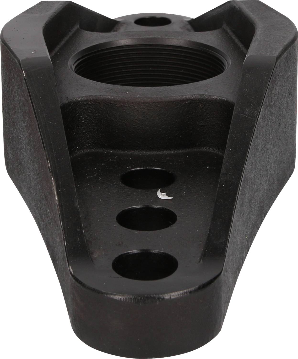 Black metal component with a threaded top and three round holes underneath. Likely a mechanical or industrial part.