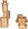 Two gold-coloured metal components, consisting of multiple cylinders and rings, positioned side by side on a white background.