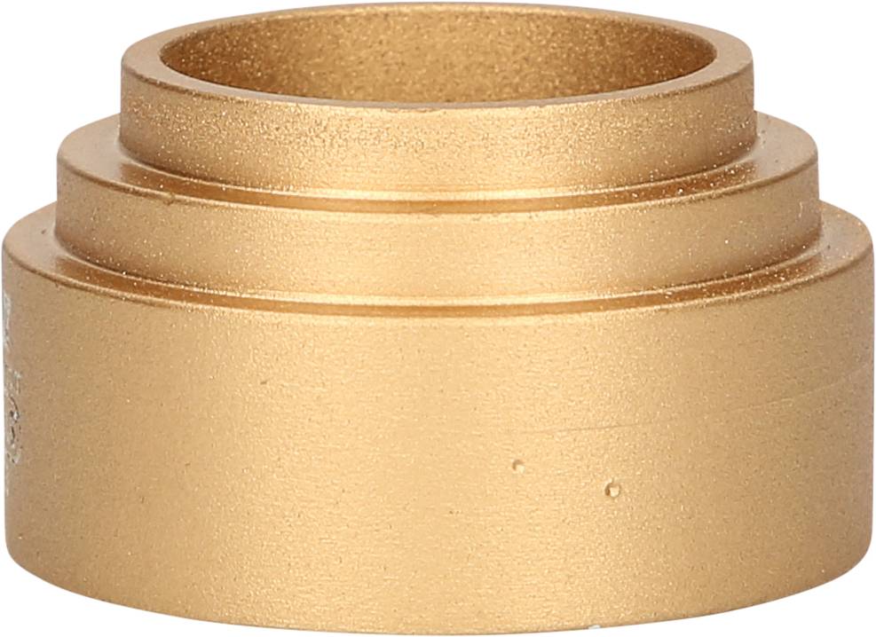 Golden, round metal adapter with stepped recesses for connecting pipes or devices of different diameters.