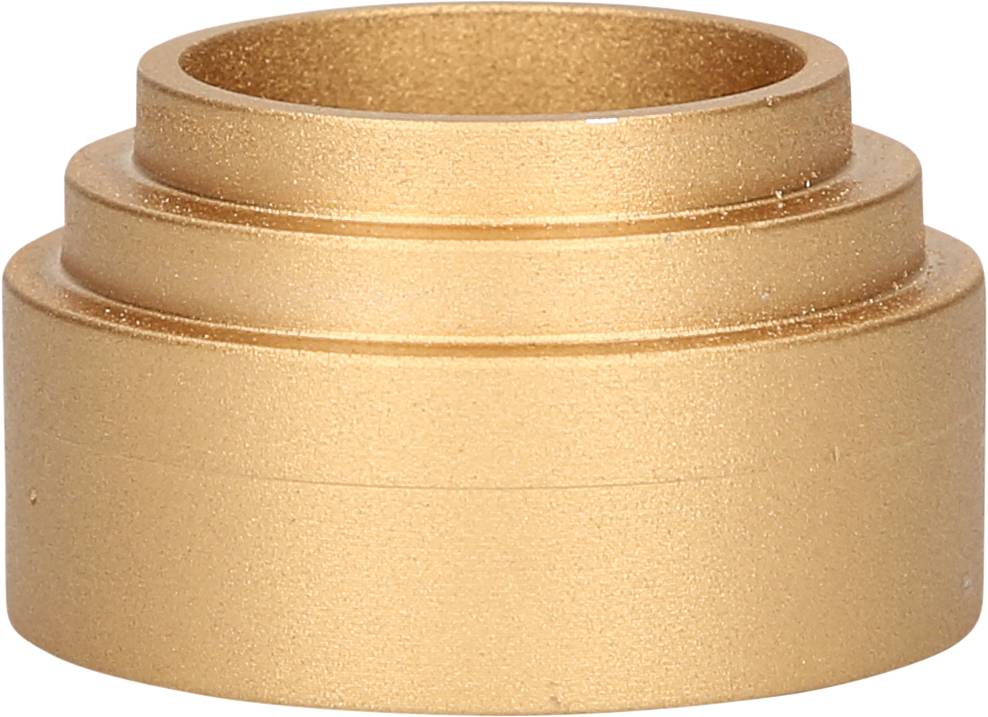 Golden, round adapter with stepped rings, presumably for connections or decorative purposes.