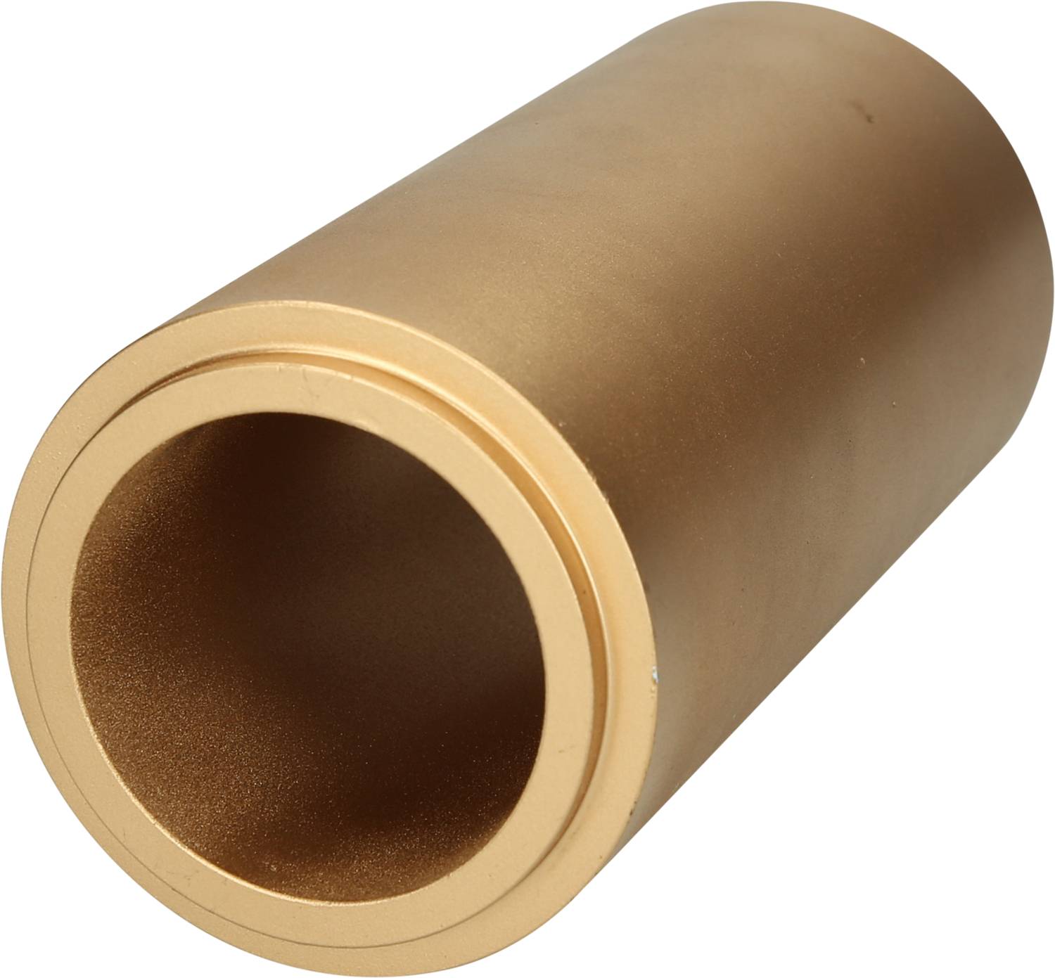 A cylindrical, bronze-coloured, hollow metal sleeve, angled upwards, against a white background.