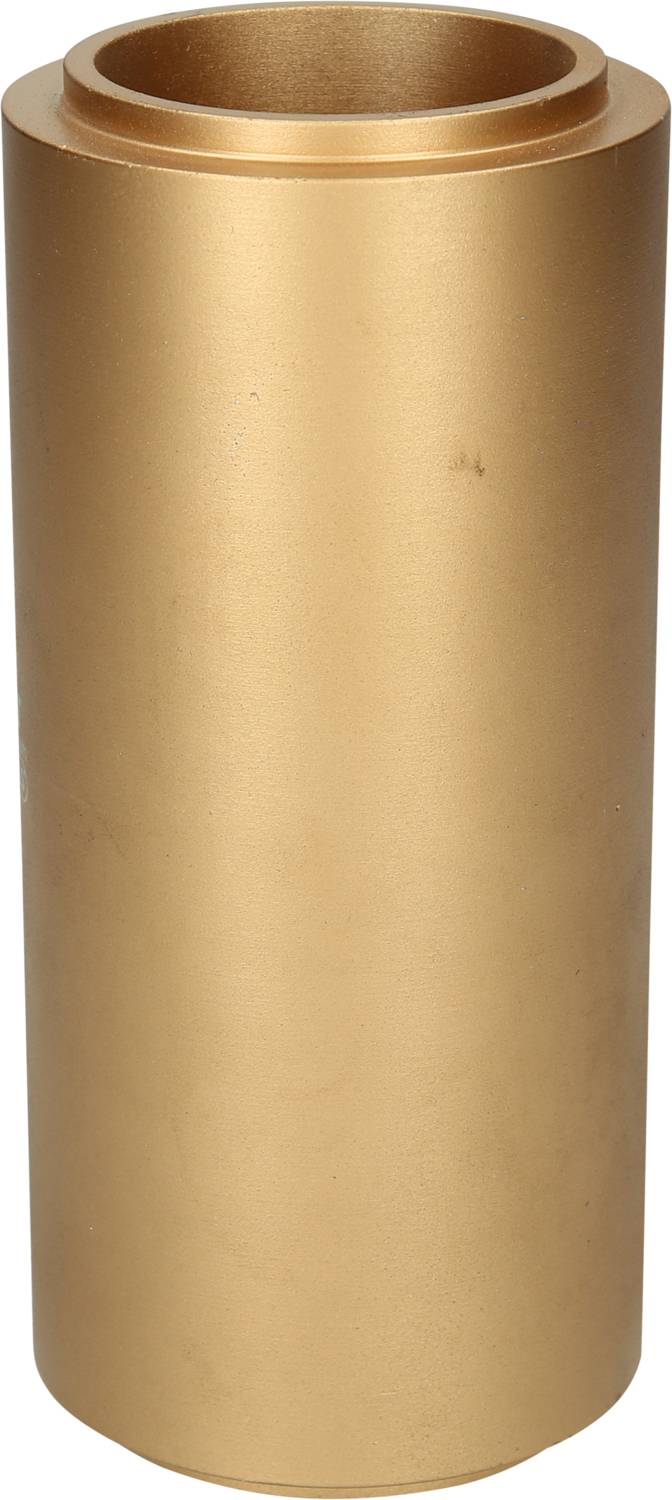 Cylindrical, golden metal container with a simple design, no visible decoration or engraving.