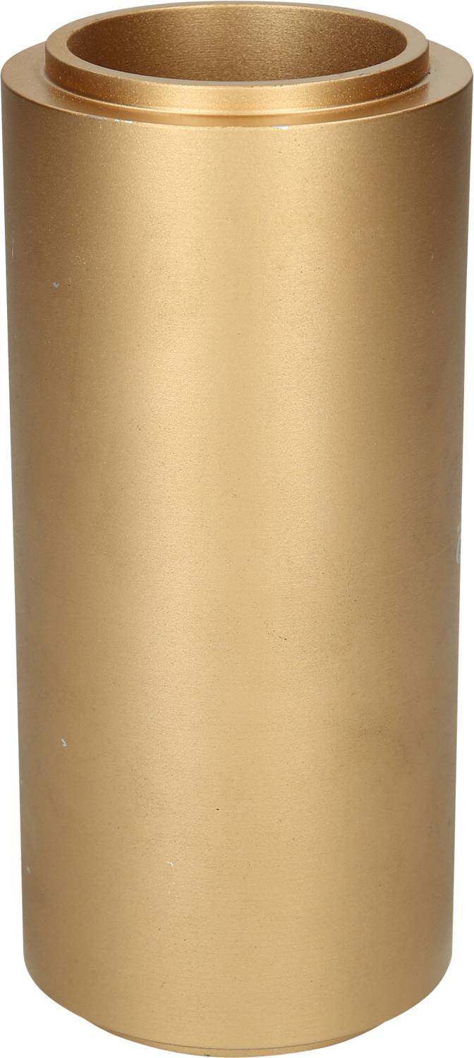Gold-coloured, cylindrical metal container, standing upright.