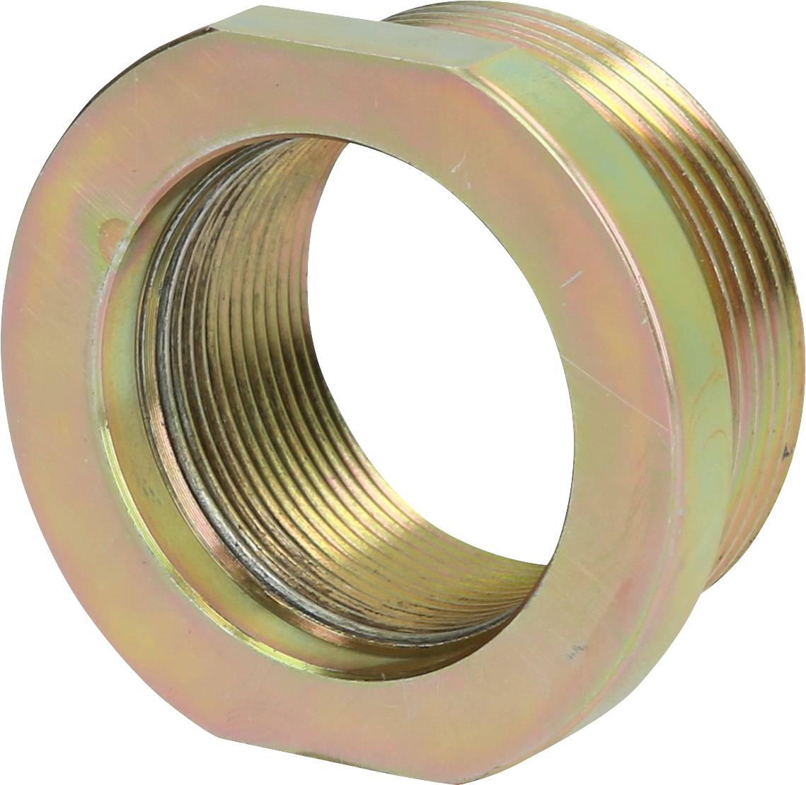 Metal threaded closure with a cylindrical form. Commonly used in mechanical and plant engineering for securing components.