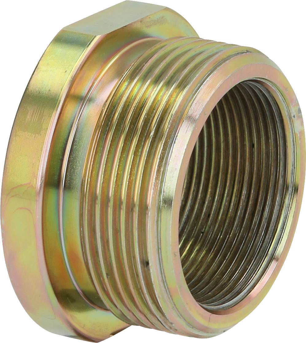 A metallic, hexagonal pipe thread adapter with external thread, suitable for connecting two pipes of different sizes.
