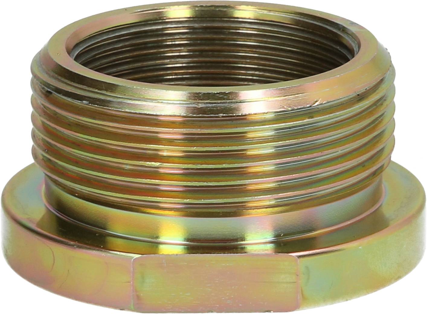 Metal adaptor with external thread. Polished surface, cylindrical shape. Used for pipe or hose connections.