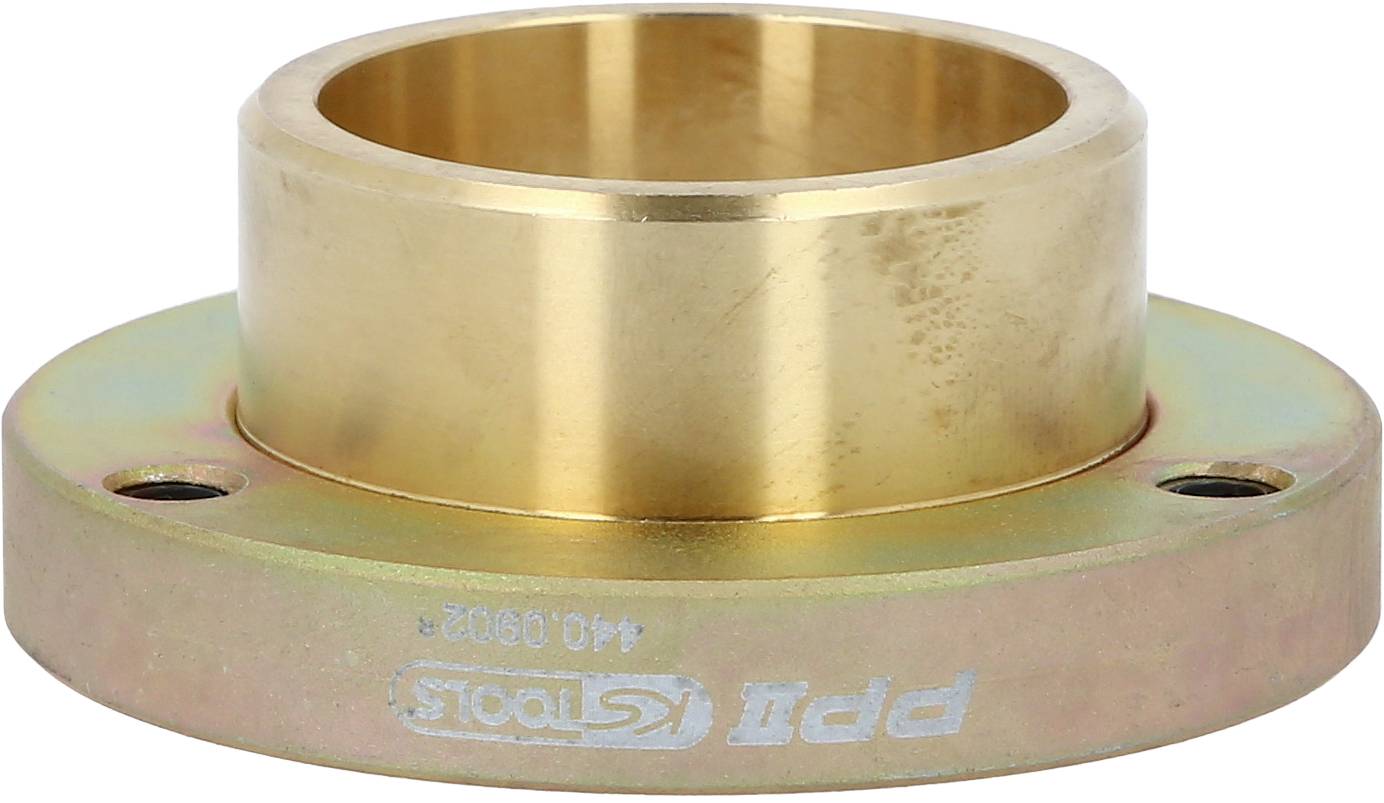 A brass bearing flange with two mounting holes and manufacturer's logo on it.