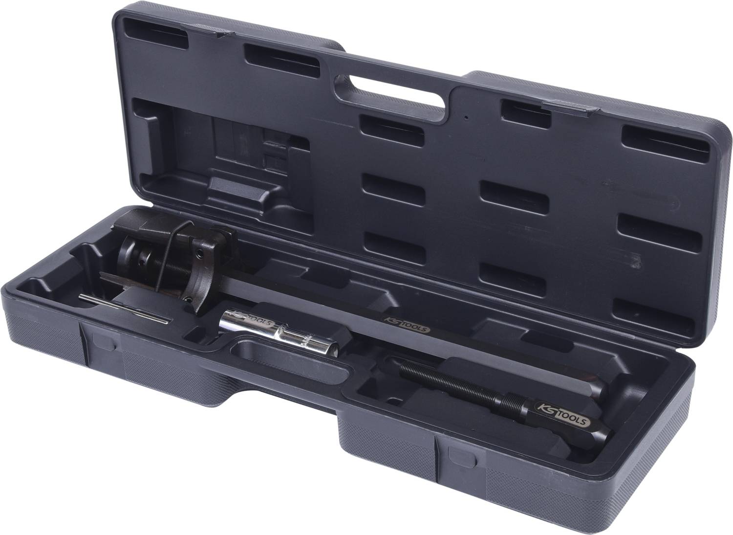 A black open toolbox with various compartments contains tools and accessories that are securely held in place.