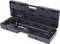 A black open toolbox with various compartments contains tools and accessories that are securely held in place.