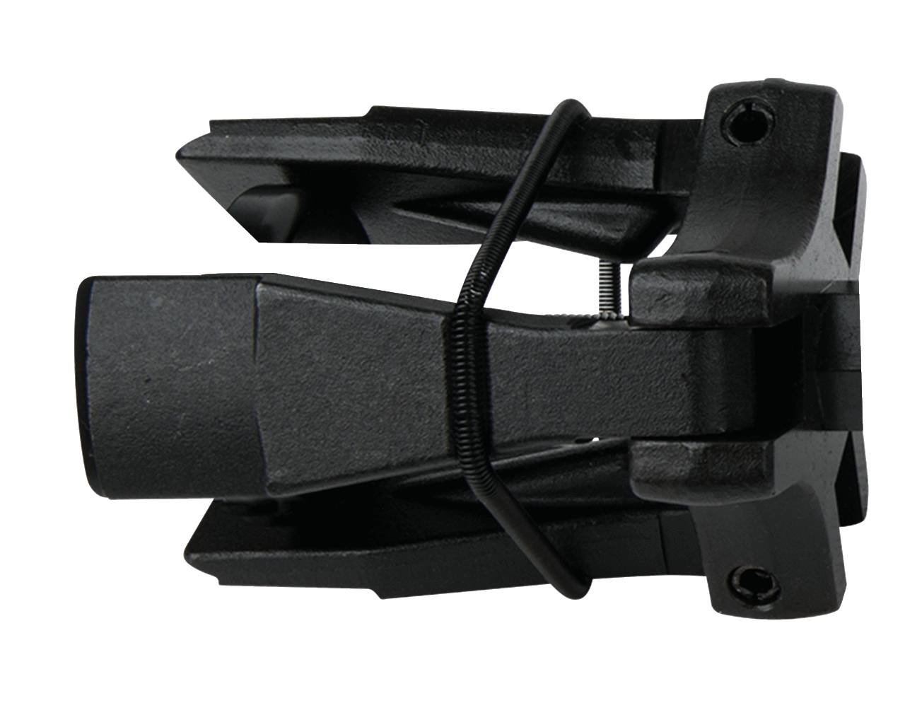 A black, metallic mechanical component with joints and screws, likely part of a larger device or machine.