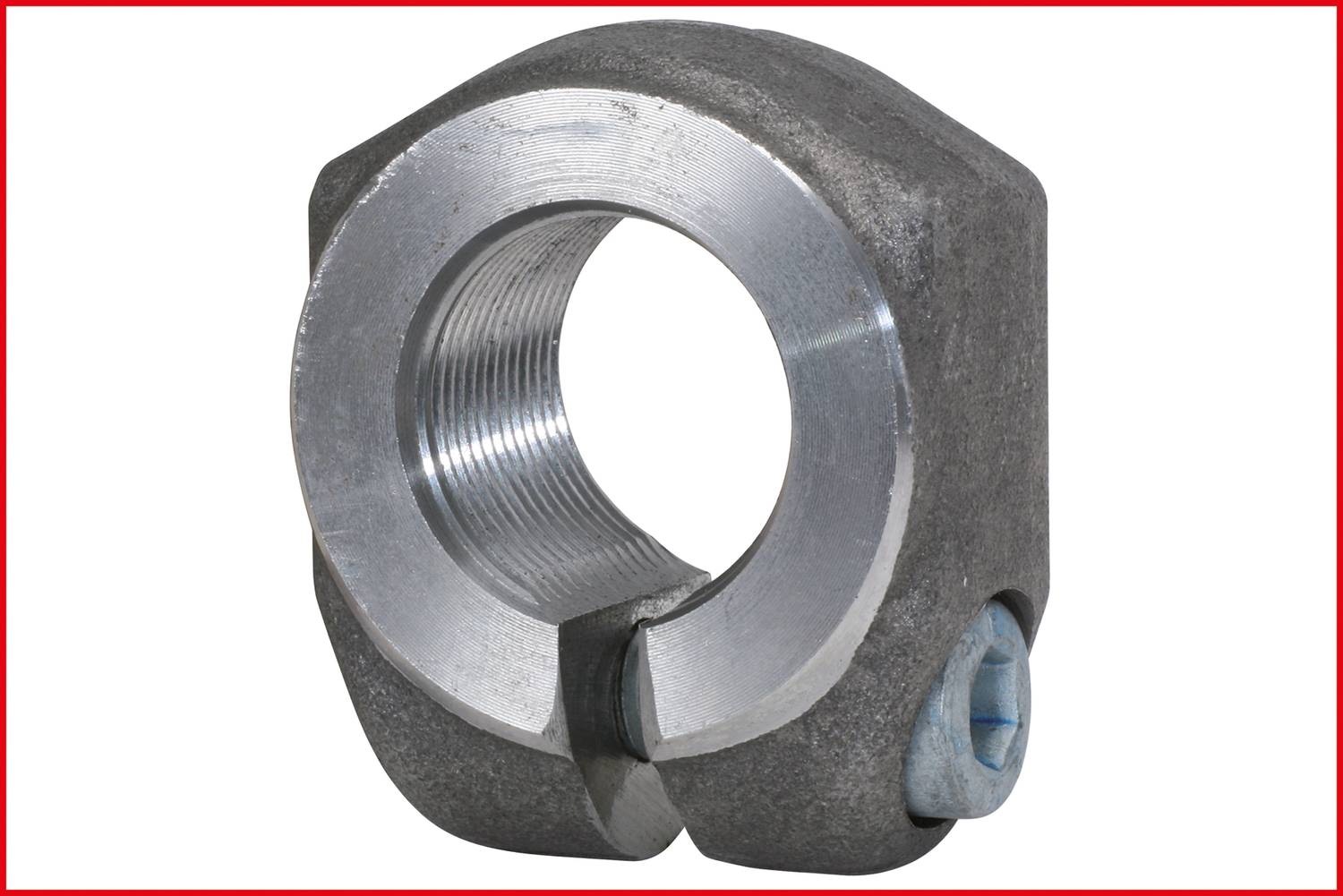 Metal hexagon nut with a round silver inner surface and hexagonal grey outer surface, suitable for industrial applications.