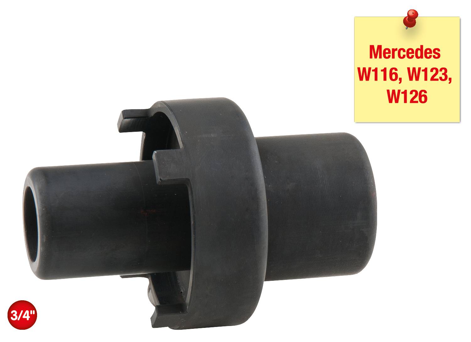 Black car part, suitable for Mercedes models W116, W123, W126. Red marking indicates size 3/4 inch.