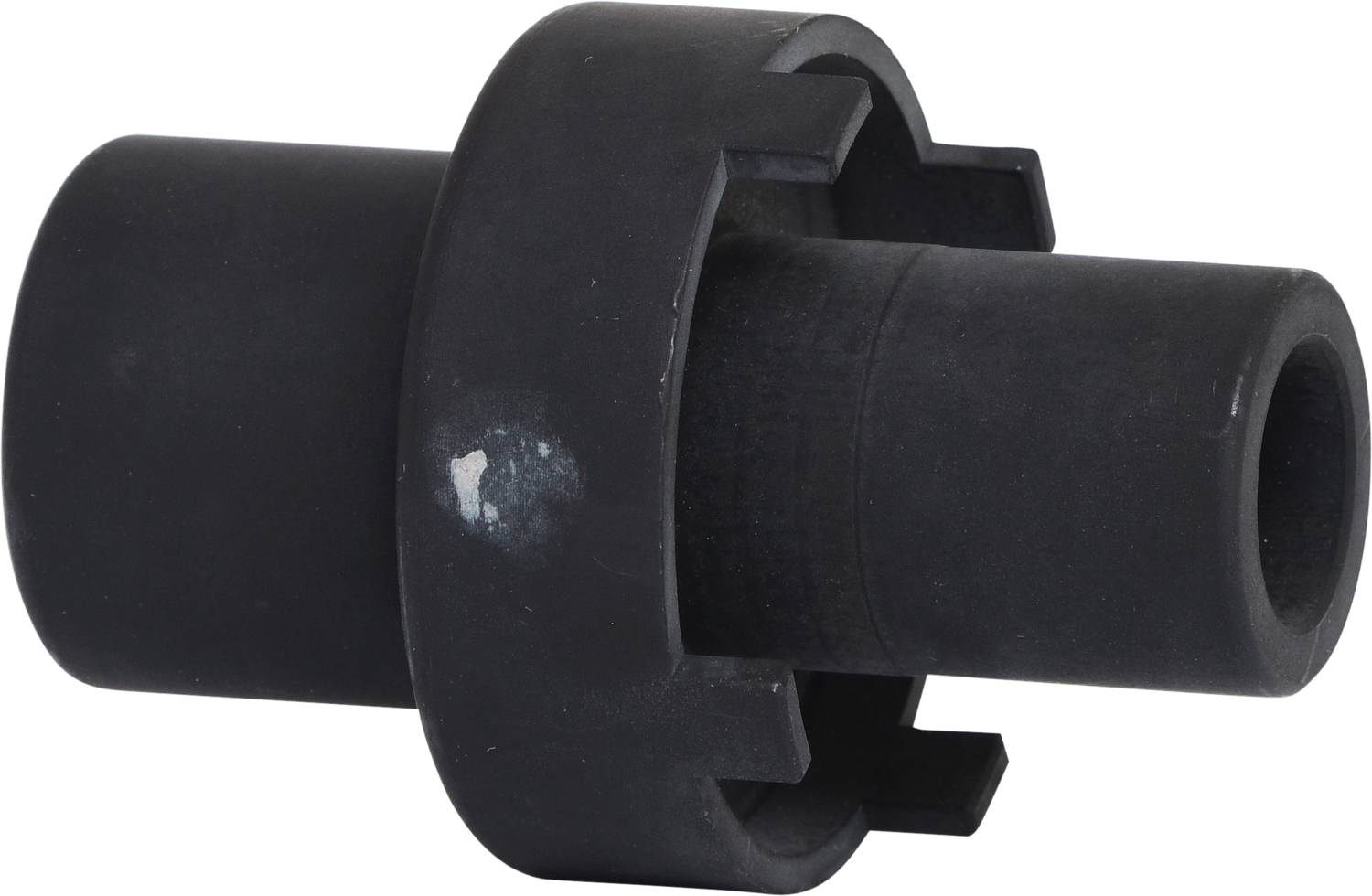 A black plastic pipe with a vertical recess and an attached wider sleeve, likely for mounting mechanisms.