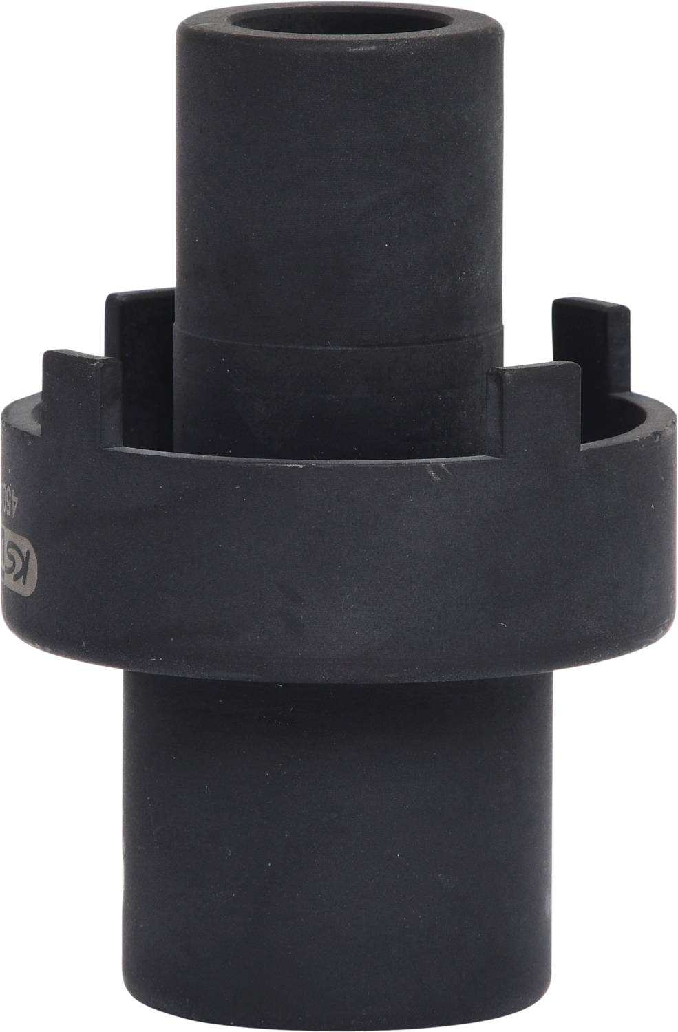 A black plastic machine component, cylindrical with two different diameters. Used for technical applications.