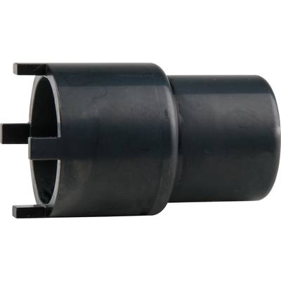 A black metal adapter with a split end, viewed from the side, used for technical or mechanical connection purposes.