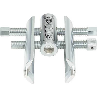 Two-legged metal puller with a central cylinder and two long adjusting screws for removing bearings or gears.