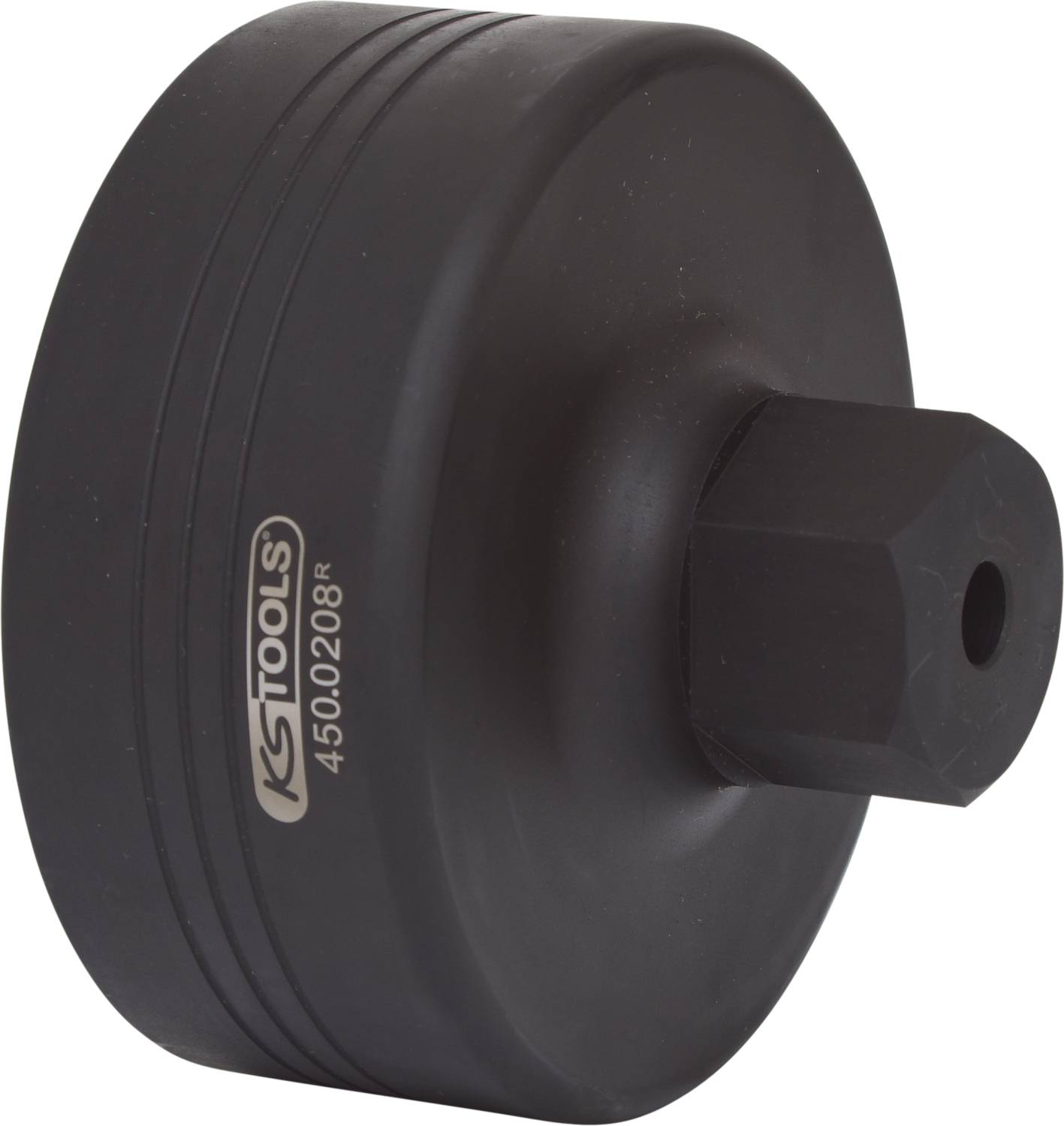 A black KS Tools oil filter wrench for removing oil filters. Robust construction with a hexagonal drive.