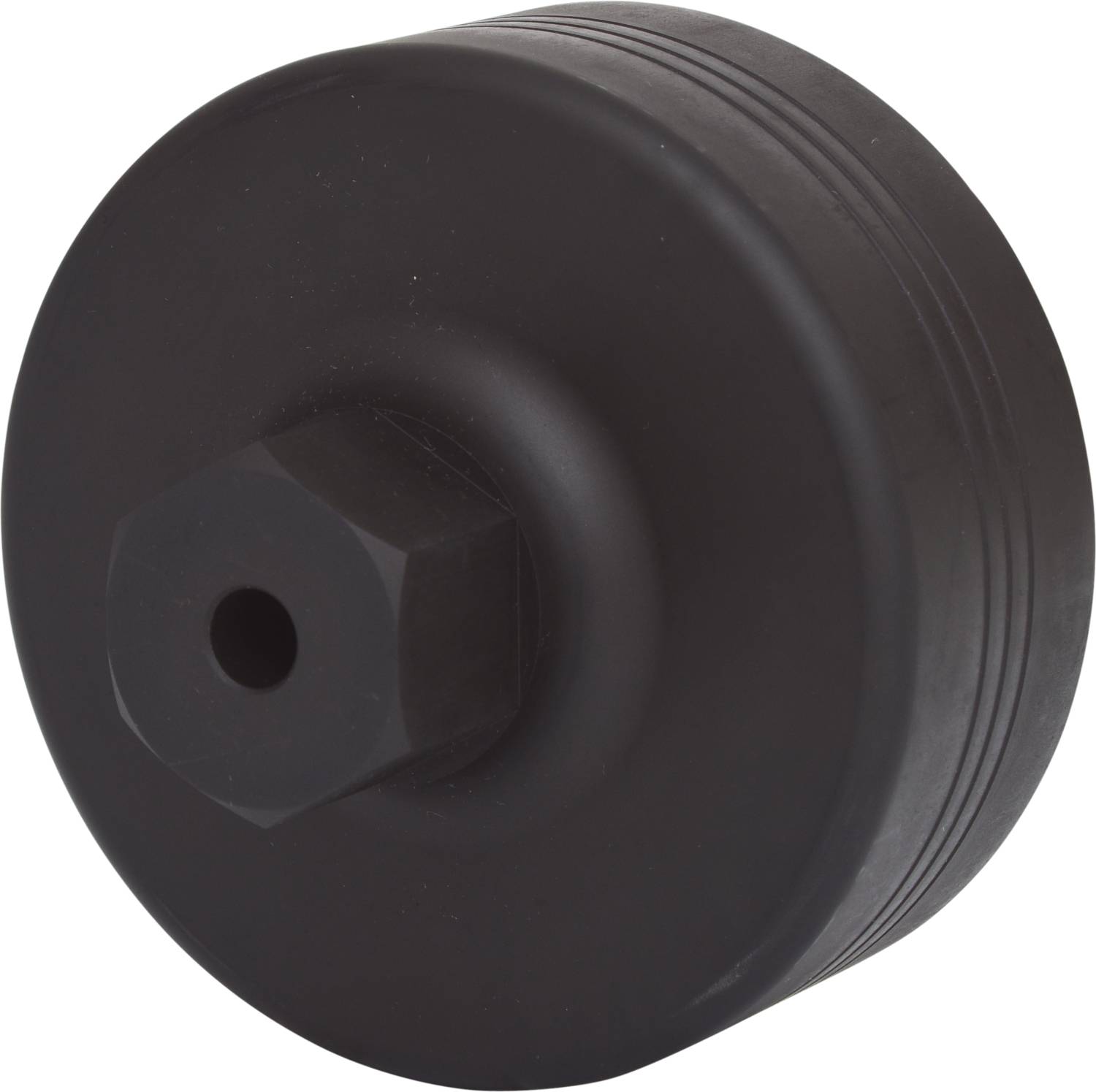 A black, round oil filter remover with a hexagonal connection, suitable for vehicle maintenance.