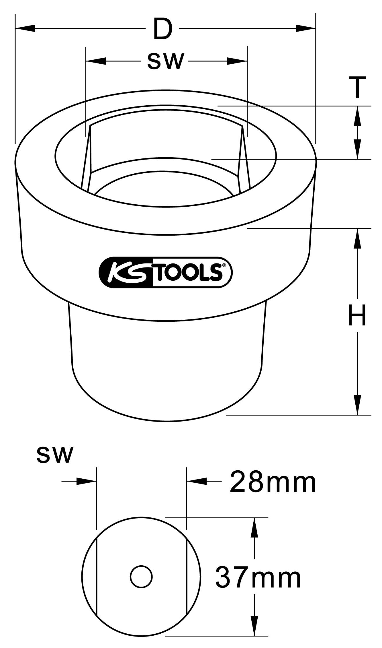 Figure shows a technical drawing of a socket from KS Tools with dimensions: diameter 37mm, spanner size 28mm.