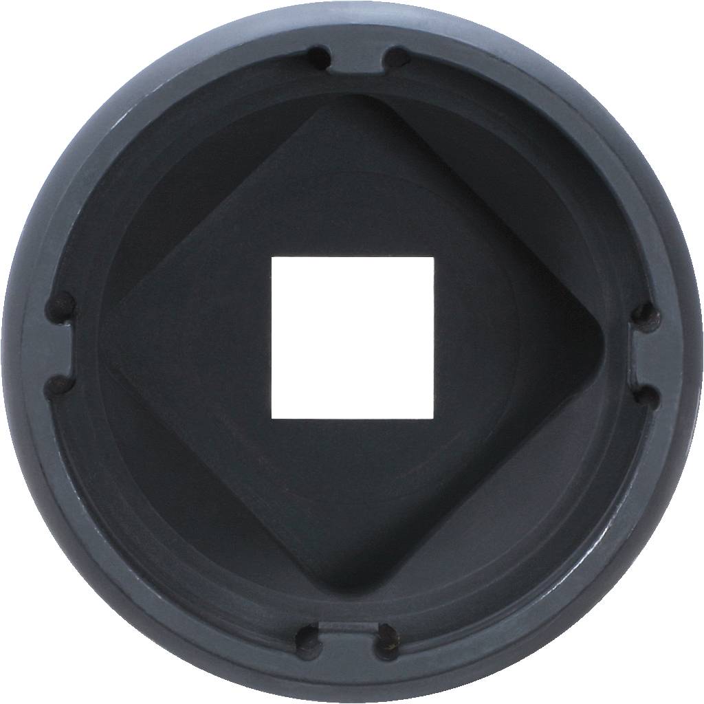 'A round, dark disc mechanism with a square cutout in the centre and four evenly distributed holes.'