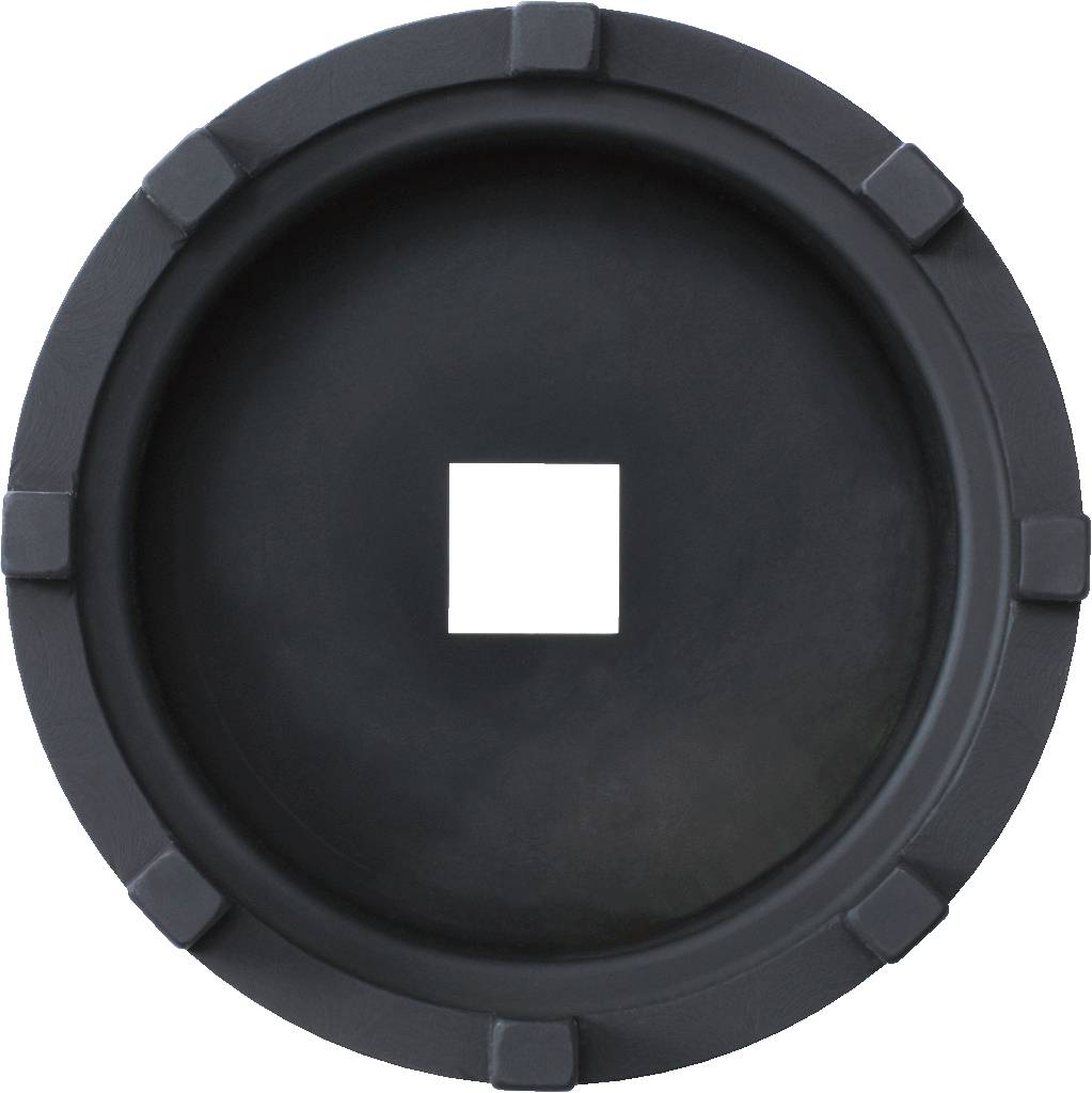 A black round disc with several evenly distributed rectangular protrusions around the edge and a central square in the middle.