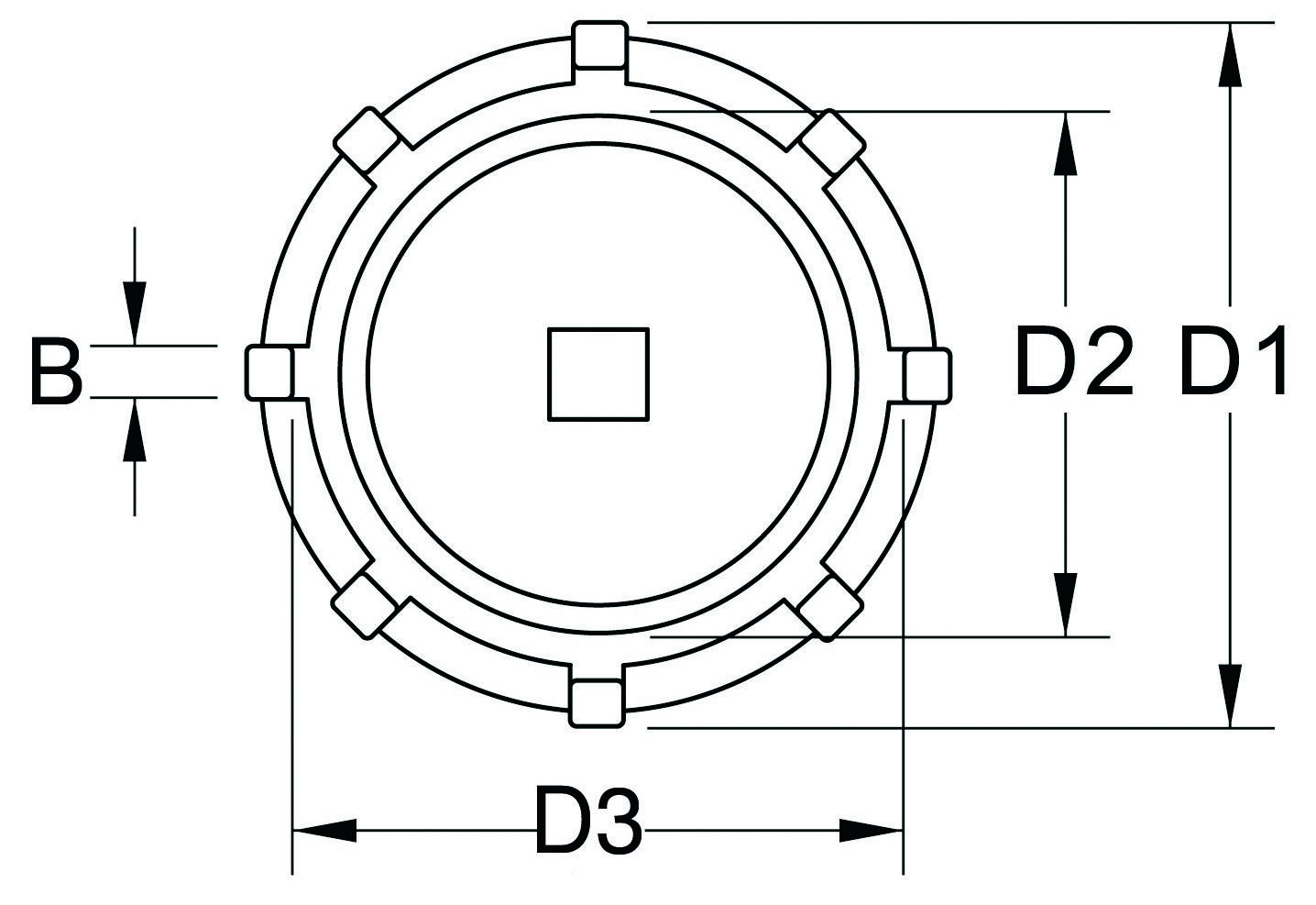 Technical drawing of a round part with dimensions. Diameters D1, D2 and D3 as well as width B are marked. Top view.