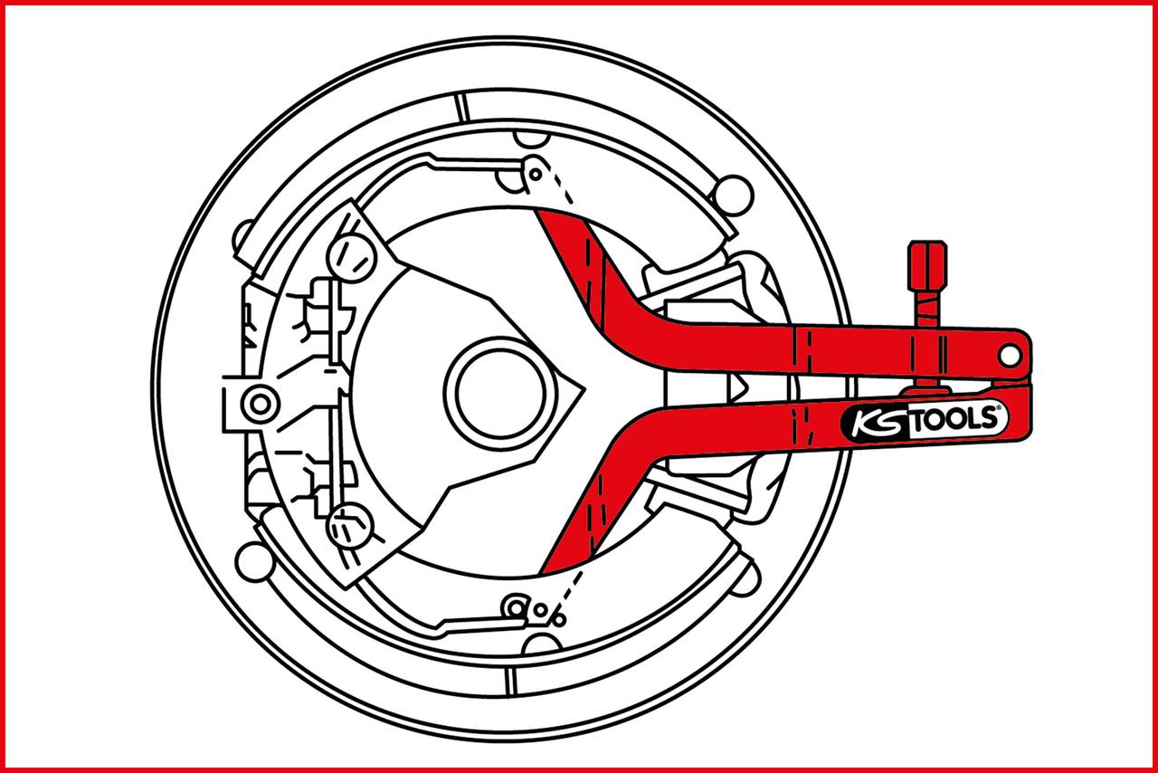 Illustration of a brake pad retraction tool in red, installed in a brake system.