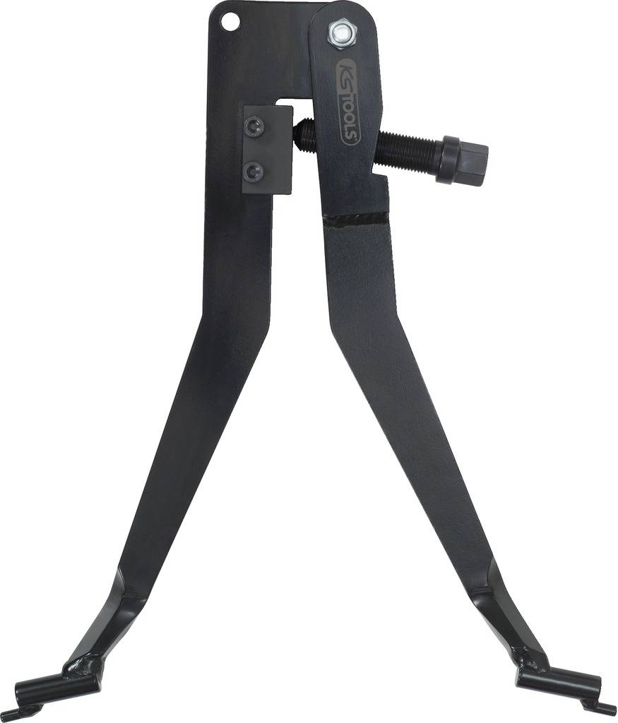 Two-legged spring compressor for mounting and dismounting coil springs. Adjustable arms with screw mechanism.