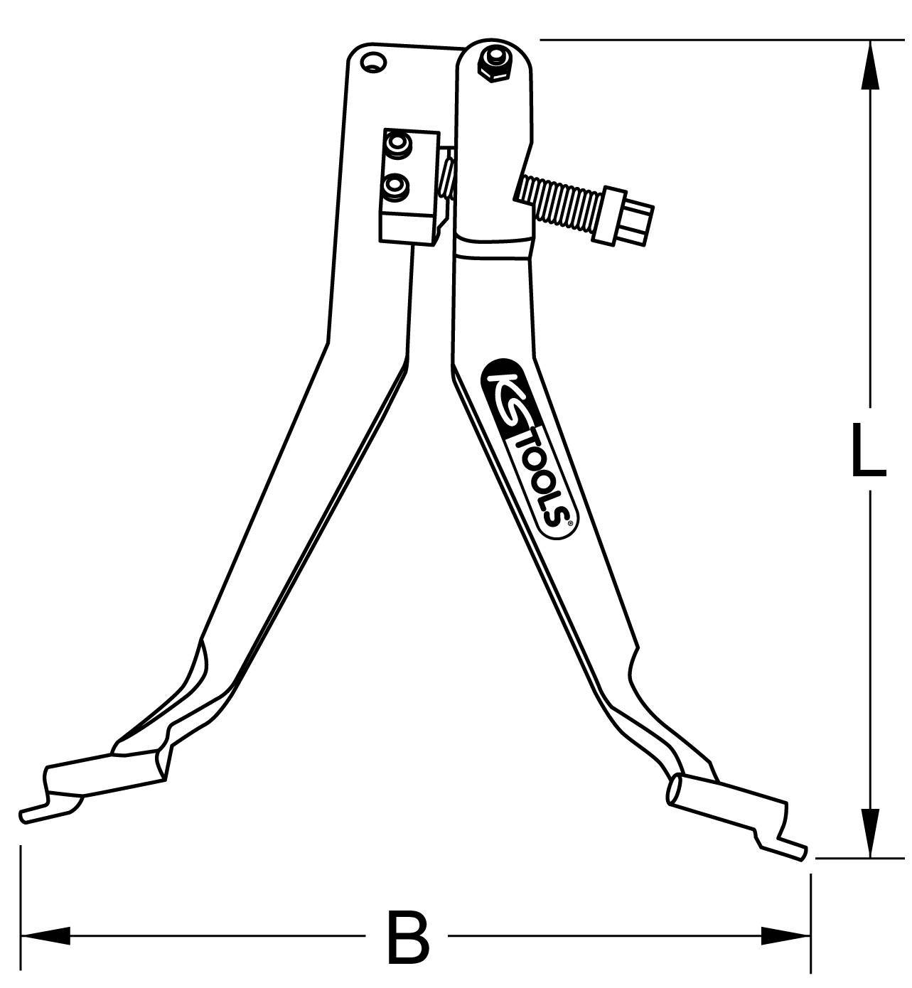 Illustration of a tool with two arms and a clamping screw, labelled 'GS Tools'. Dimensions: Length (L) and Width (B) indicated.