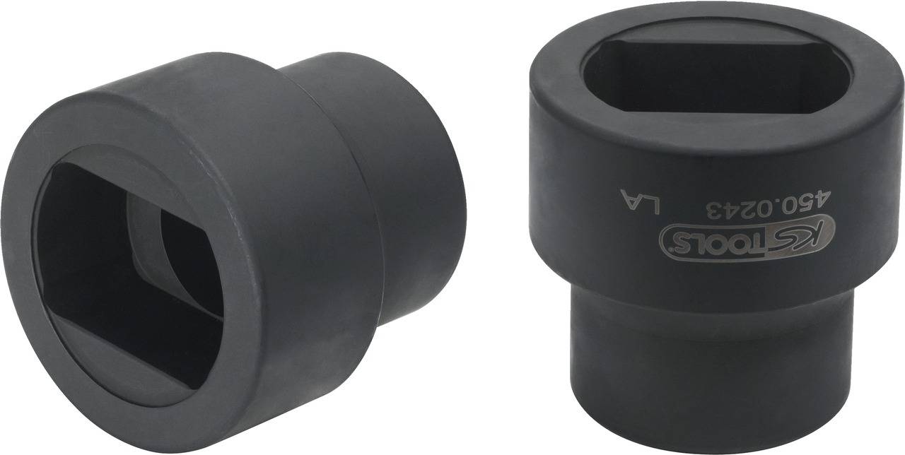 Two black socket key inserts side by side, one showing the internal view, the other showing the side view with a serial number.