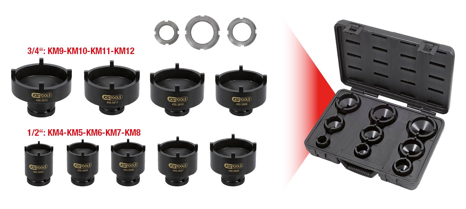 Hardmetal hole saw set in sizes 3/4" to 1/2". Contains eight hole saws and two adapters, all in a black plastic carry case.