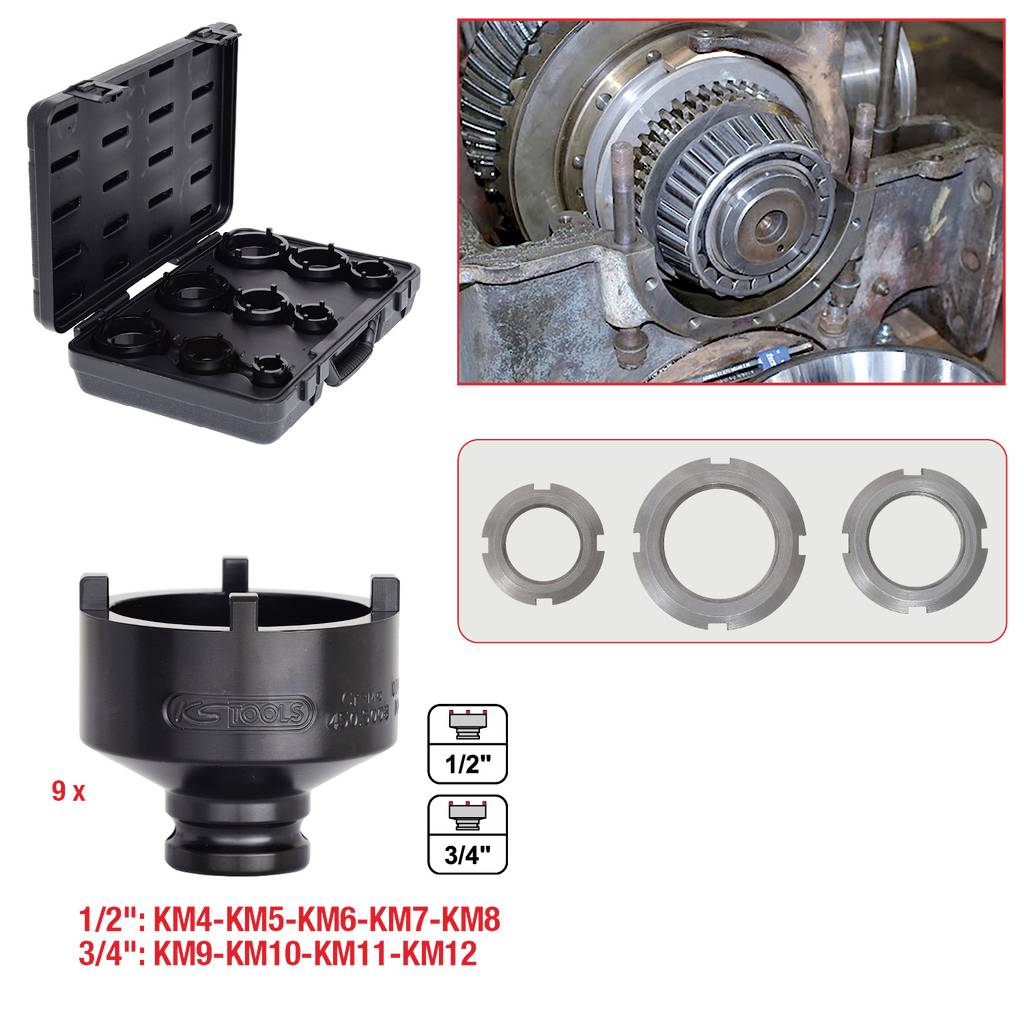 A toolkit with a black case and four threaded components for repairing the gear of a mechanical device, showing different sizes.