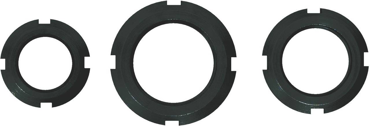 Three different sizes of dark sealing rings, arranged from left to right, against a light background.