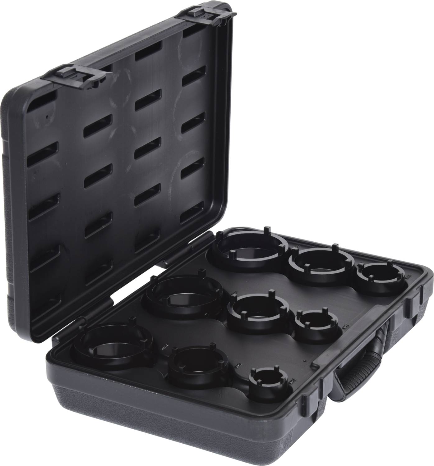 Opened black case with multiple black mounting rings in various sizes. Case contains special mounting rings.