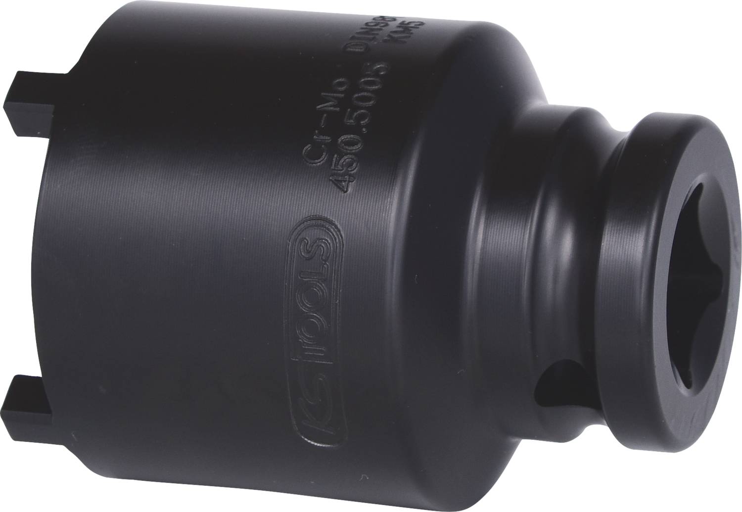 A black, cylindrical metal socket, with a square internal profile and brand logo on the side, against a white background.