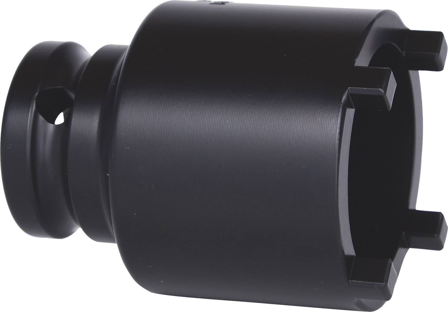 A black metal adapter with multiple serrated ends, likely a tool attachment, lies on a white background.