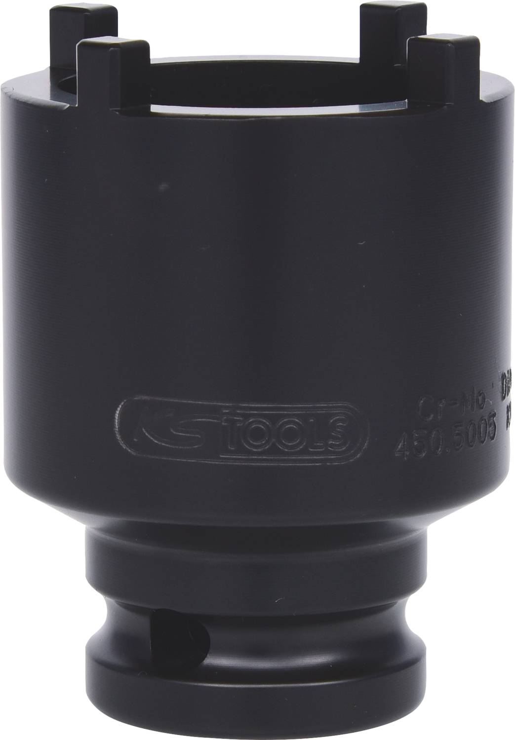 'Specialised tool with a cylindrical form and recesses on the top surface, suitable for specific mechanical applications.'