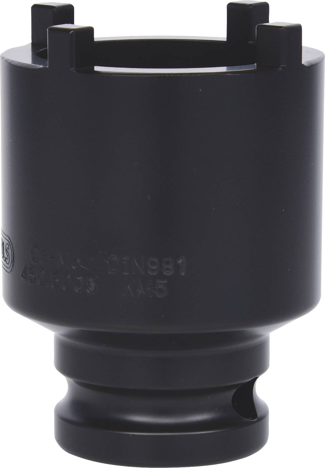 A black plastic adapter with a cylindrical design and four prongs on top, is used for mechanical connections.