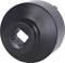 Black metal adapter with a square opening in the centre, used for connecting mechanical components.