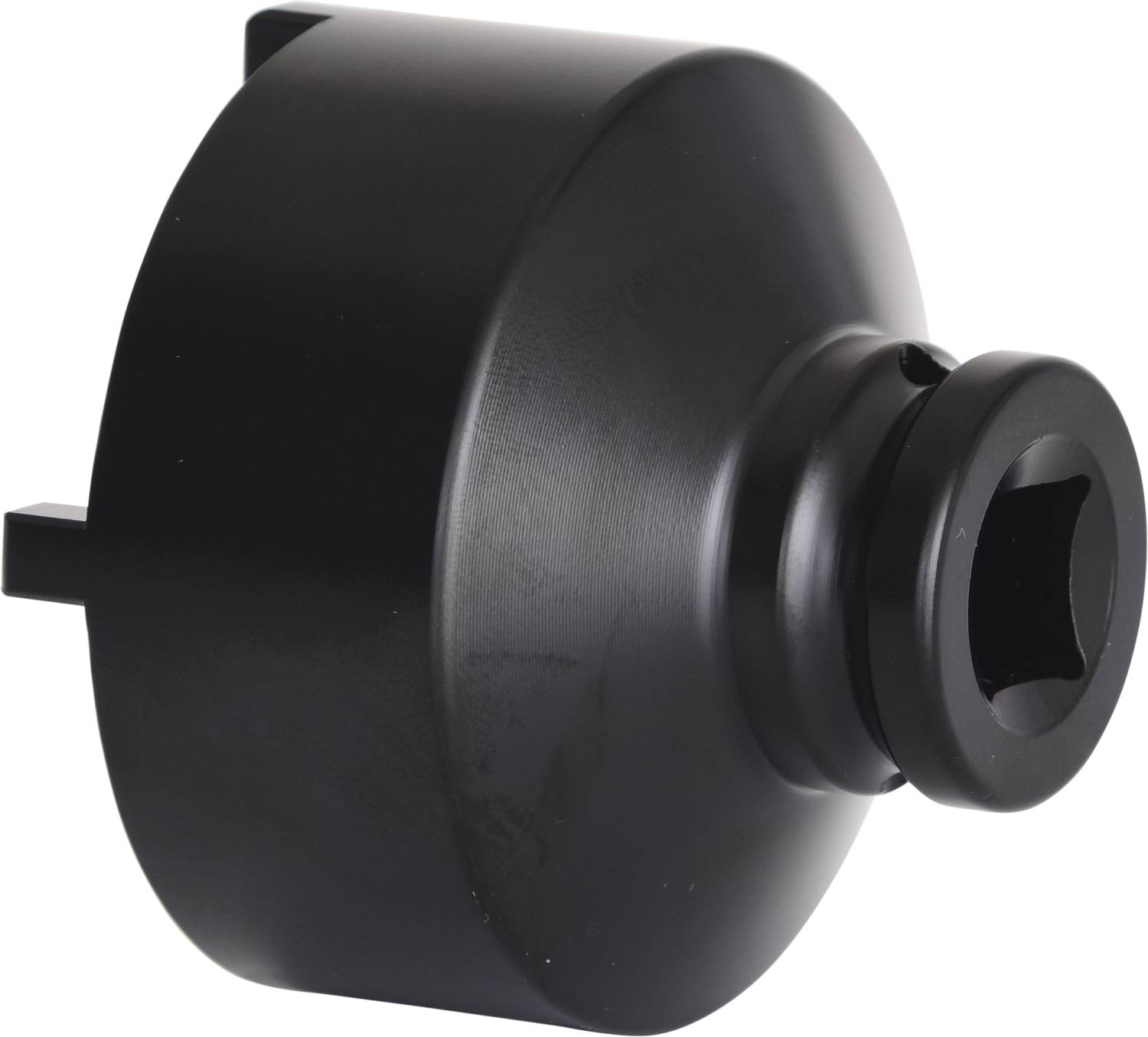 Black metal adapter with cylindrical ends, possibly part of a tool or machine.