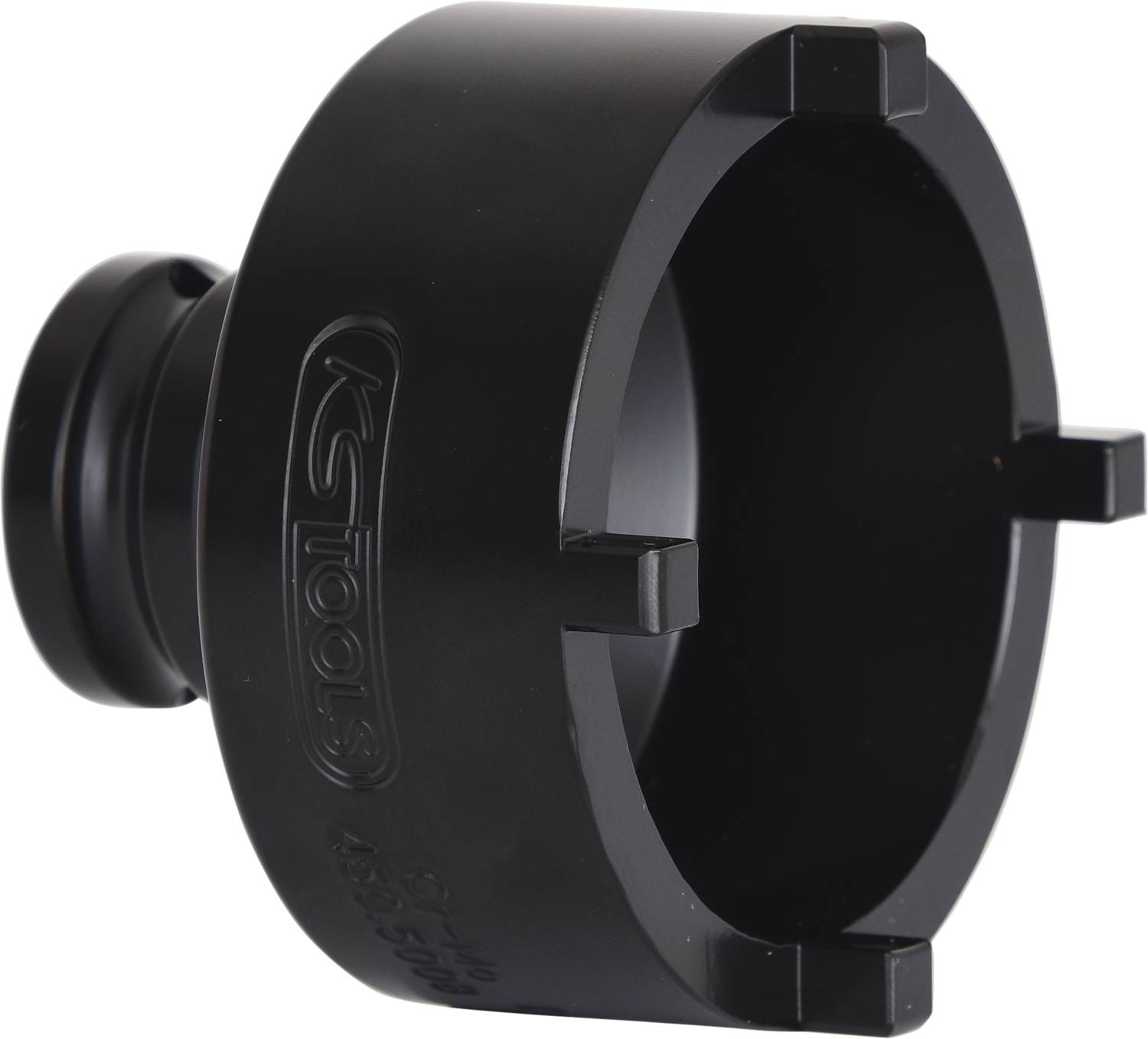 Black, cylindrical tool with four internal pins, used for fastening or loosening nuts or bolts.