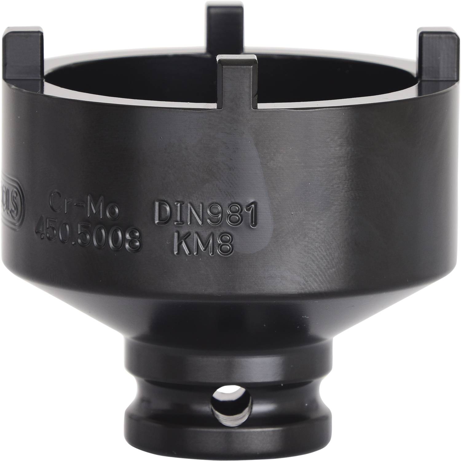 Black tool attachment with embossed marking 'DIN981 KM8'. Used for mechanical work, metal and robust construction evident.
