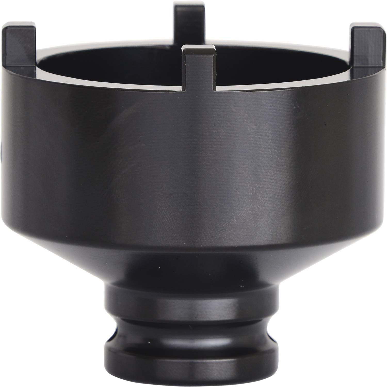 A black, cylindrical tool with four protruding tabs and a narrower base.