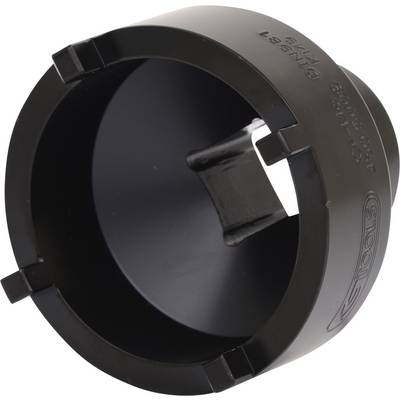 Black, cylindrical metal piece with four evenly distributed notches at the bottom edge, likely a technical component.